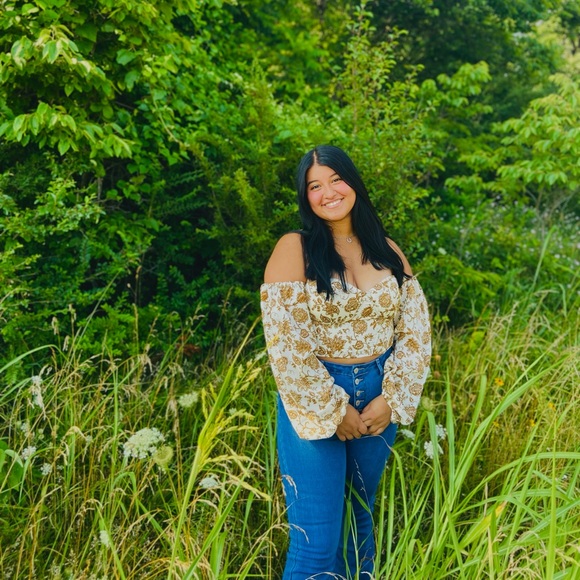 SHEIN Tops - Floral Off-Shoulder Top and Blue Jeans